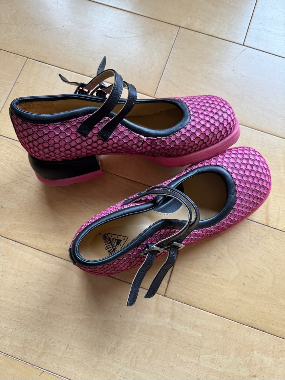 Fluvog Unity Aimee Pink/Black Textured Mary Jane Shoes with Double Straps